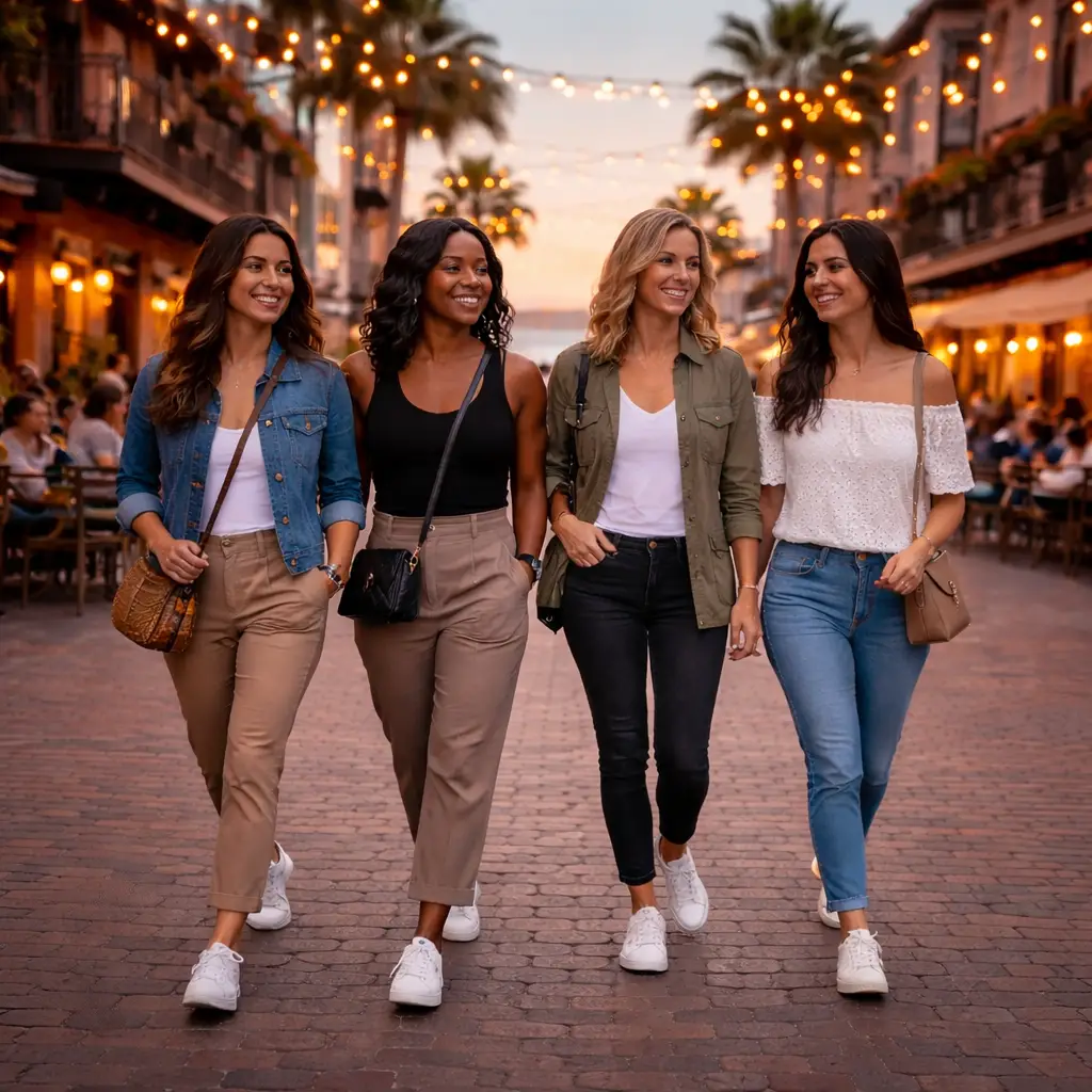 Four professional women&mdash;Hispanic, Black, Northern/Western European, and Southern/Mediterranean&mdash;walking together on a city sidewalk in stylish, comfortable footwear.