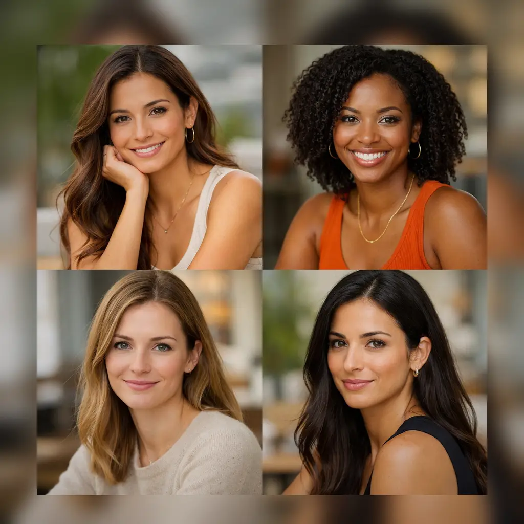 Diverse group of mid-life professional women&mdash;Hispanic, Black, Northern/Western European, and Southern/Mediterranean with black hair&mdash;all smiling with confidence