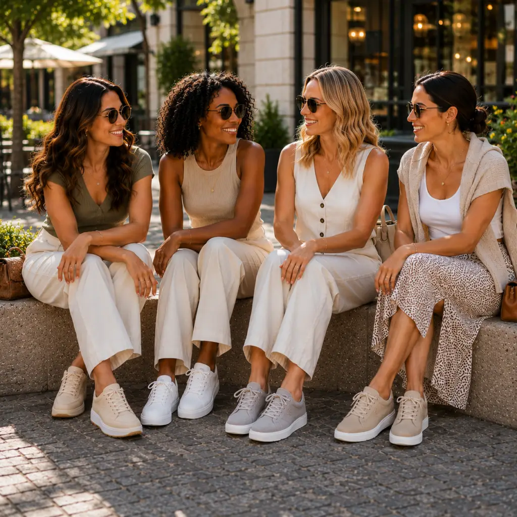 A diverse group of women wearing comfortable sneakers while relaxing together in a downtown cafe environment.